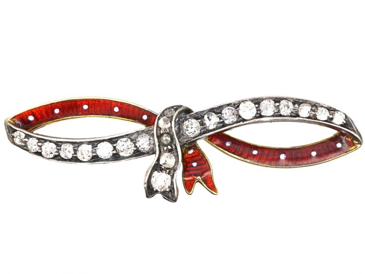 Edwardian 15ct Gold & Silver, Red & White Enamel & Diamond Bow Brooch