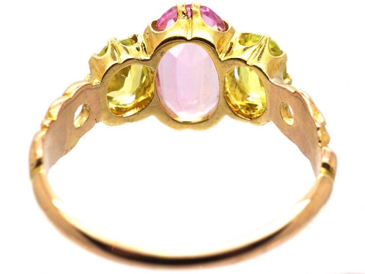 Early 19th Century 15ct Gold, Pink Topaz & Chrysolite Three Stone Ring