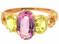 Early 19th Century 15ct Gold, Pink Topaz & Chrysolite Three Stone Ring