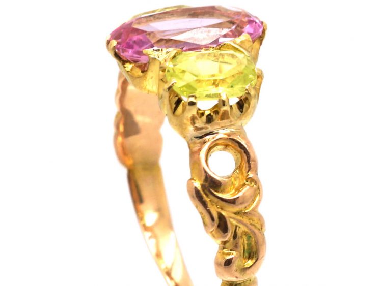 Early 19th Century 15ct Gold, Pink Topaz & Chrysolite Three Stone Ring