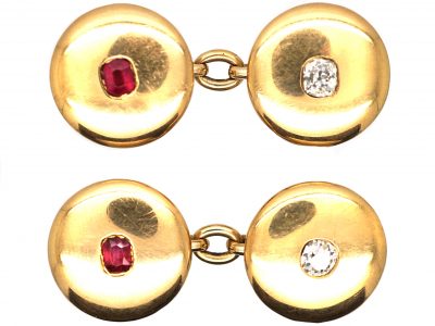 Edwardian 18ct Gold Round Cufflinks set with Rubies & Diamonds