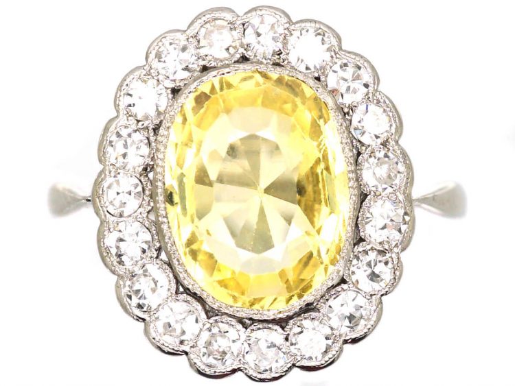 Edwardian 18ct White Gold & Platinum, Yellow Sapphire & Diamond Cluster Ring