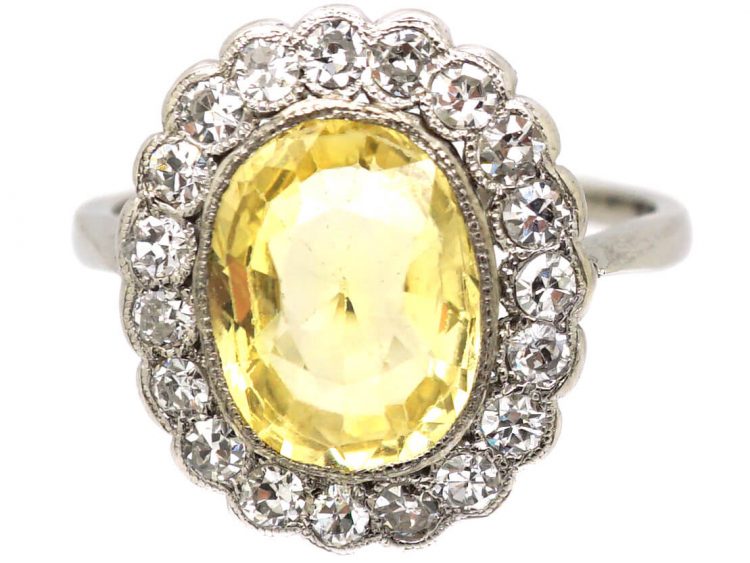 Edwardian 18ct White Gold & Platinum, Yellow Sapphire & Diamond Cluster Ring