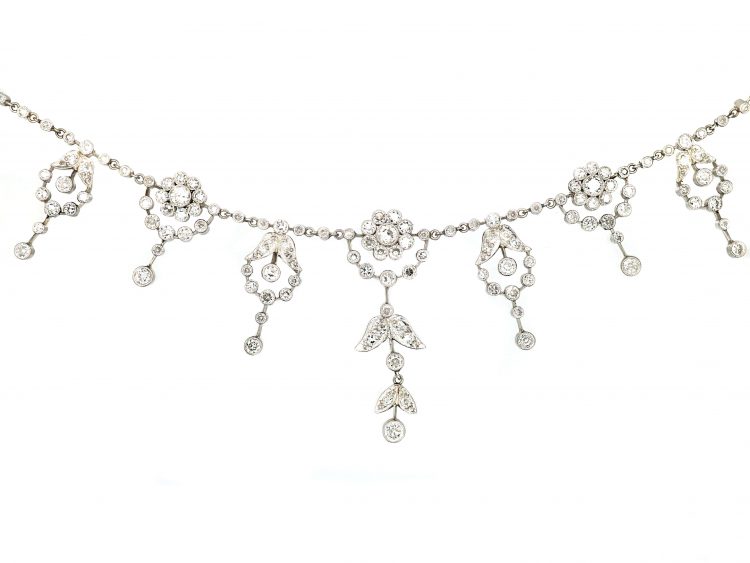 Edwardian Platinum & Diamond Festoon Necklace in Fitted Case