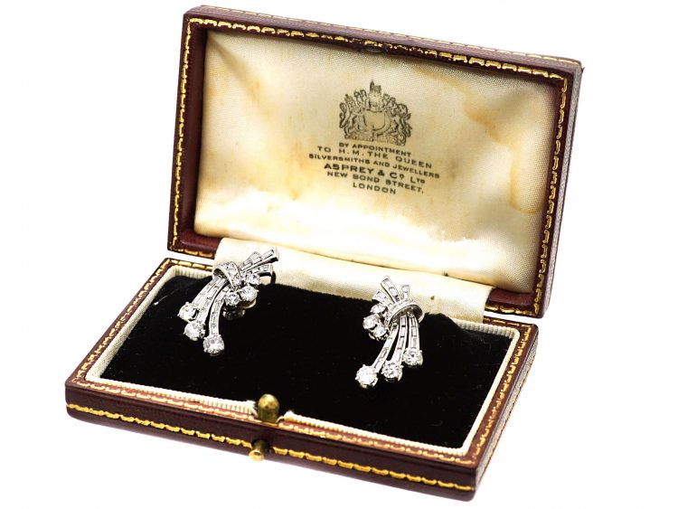 Early 20th Century 18ct White Gold Diamond Spray Earrings in Asprey Case
