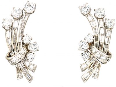 Early 20th Century 18ct White Gold Diamond Spray Earrings in Asprey Case