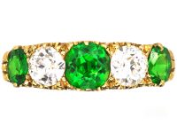 Edwardian 18ct Gold, Carved Half Hoop Five Stone Ring set with Green Garnets & Diamonds