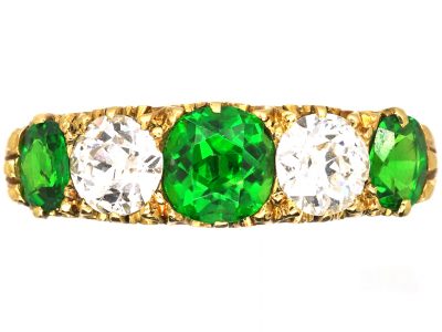 Edwardian 18ct Gold, Carved Half Hoop Five Stone Ring set with Green Garnets & Diamonds