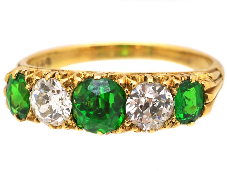 Edwardian 18ct Gold, Carved Half Hoop Five Stone Ring set with Green Garnets & Diamonds