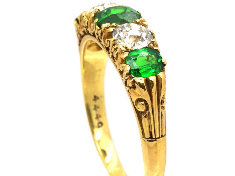 Edwardian 18ct Gold, Carved Half Hoop Five Stone Ring set with Green Garnets & Diamonds