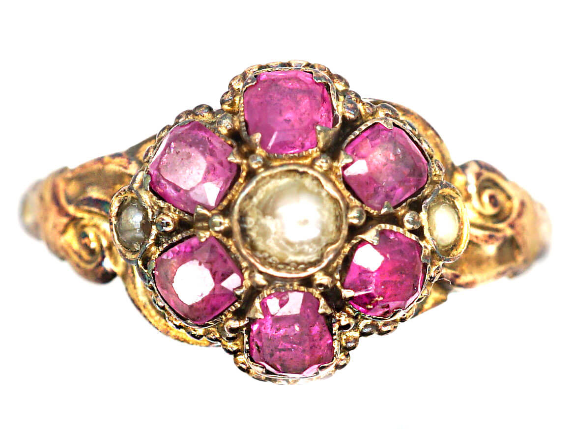 Victorian 15ct Gold, Ruby & Natural Split Pearl Cluster Ring (1000w 