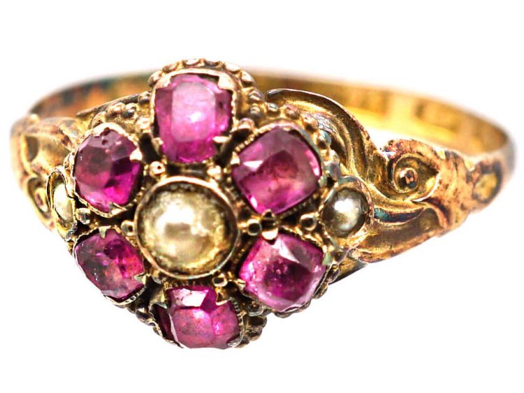 Victorian 15ct Gold, Ruby & Natural Split Pearl Cluster Ring