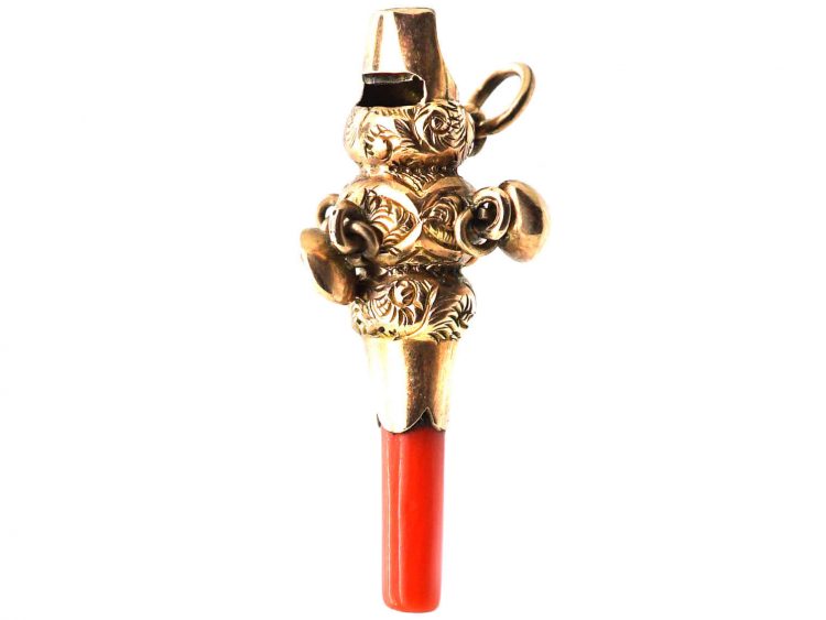 Victorian 9ct Gold & Coral Teething & Whistle Charm