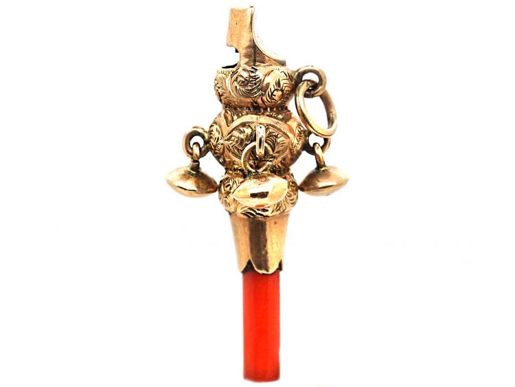 Victorian 9ct Gold & Coral Teething & Whistle Charm