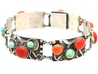 Early 20th Century Swedish Silver Bracelet set with Coral & Turquoise