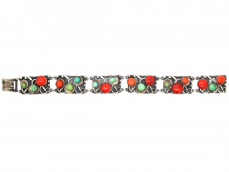 Early 20th Century Swedish Silver Bracelet set with Coral & Turquoise