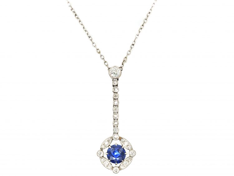 Edwardian Platinum, Diamond & Sapphire Drop Necklace in Original Case