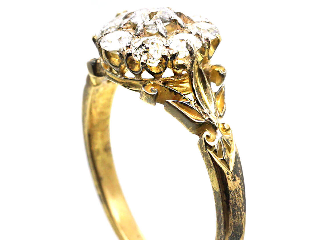 Victorian 18ct Gold Diamond Cluster Ring with Leaf Detail on the ...