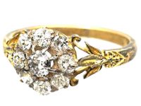 Victorian 18ct Gold Diamond Cluster Ring with Leaf Detail on the Shoulders