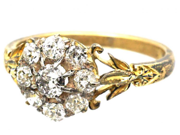 Victorian 18ct Gold Diamond Cluster Ring with Leaf Detail on the Shoulders