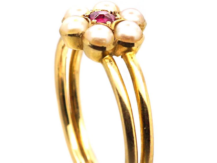 Edwardian 18ct Gold, Ruby & Natural Pearl Cluster Ring