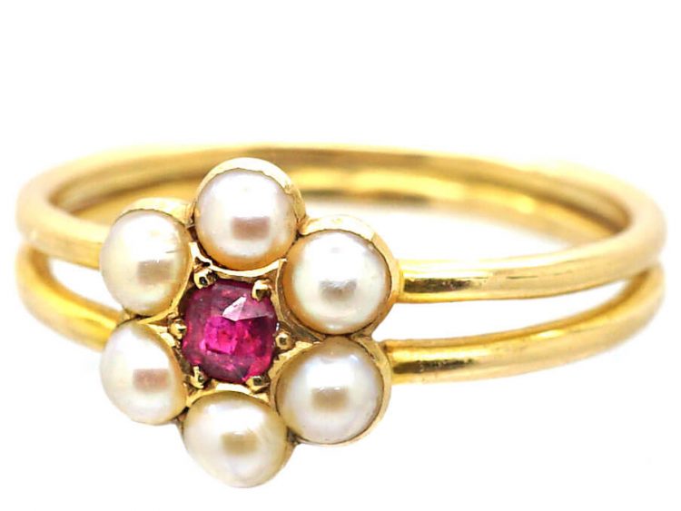 Edwardian 18ct Gold, Ruby & Natural Pearl Cluster Ring