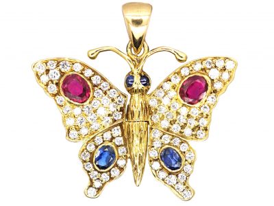 18ct Gold Butterfly Pendant set with Rubies, Sapphires & Diamonds