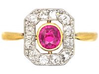 Early 20th Century 18ct Gold & Platinum, Ruby & Diamond Rectangular Shaped Ring