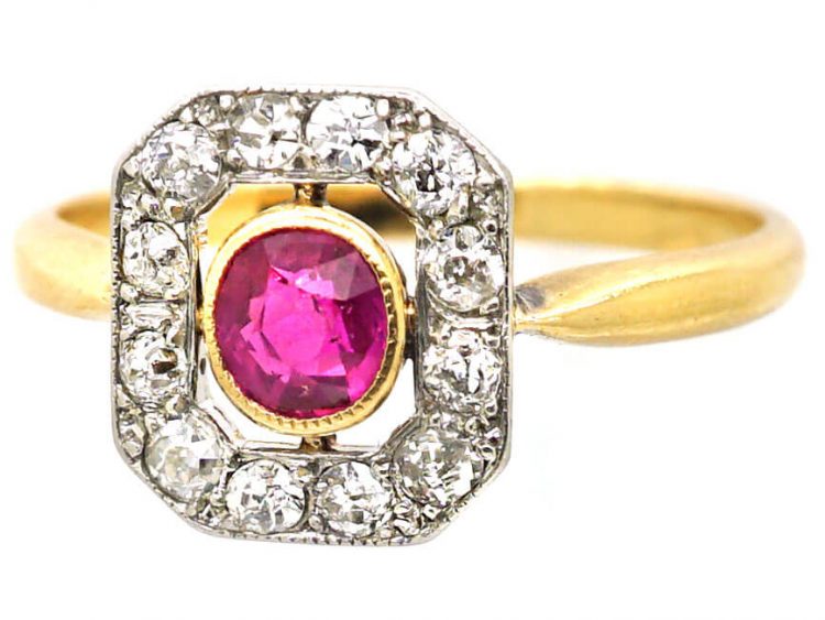 Early 20th Century 18ct Gold & Platinum, Ruby & Diamond Rectangular Shaped Ring