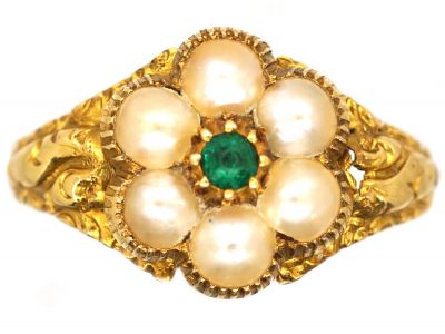 Early 19th Century 18ct Gold, Emerald & Natural Split Pearl Cluster Ring