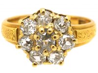 Victorian 20ct Gold Diamond Cluster Ring with Ornate Engraved Shoulders