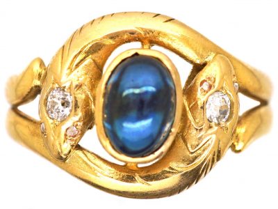Edwardian 18ct Gold Double Snake Ring set with Diamonds & a Cabochon Sapphire