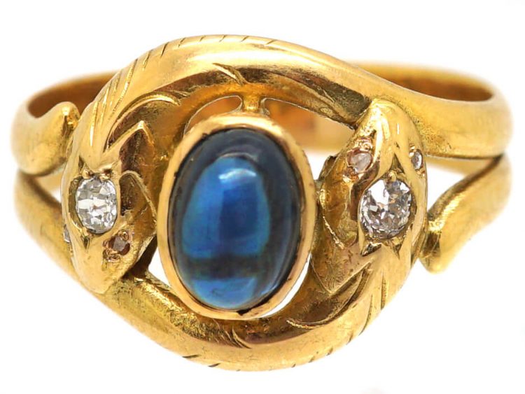 Edwardian 18ct Gold Double Snake Ring set with Diamonds & a Cabochon Sapphire