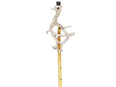 Art Deco 18ct Gold & Platinum, Onyx, Rose Diamond & Ruby Tie pin of a Duck with Top Hat & Swagger Stick