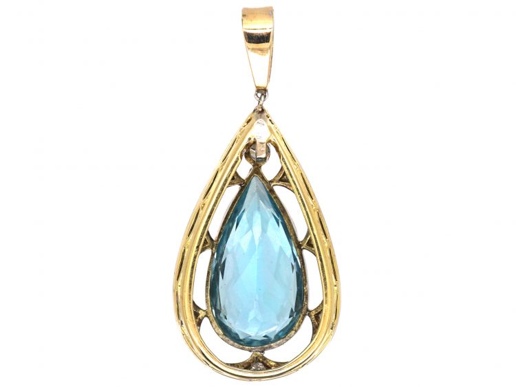 Edwardian 15ct Gold, Diamond & Aquamarine Pear Shaped Pendant