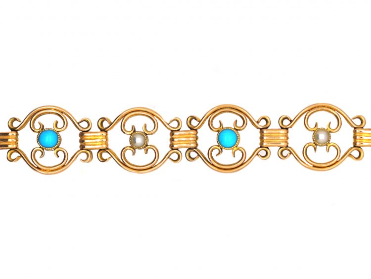 Edwardian 15ct Gold Bracelet set with Turquoise & Natural Split Pearls