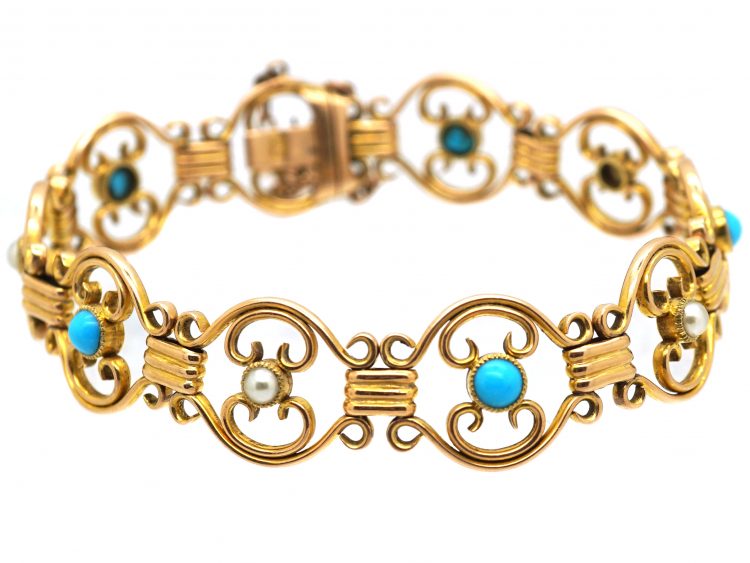 Edwardian 15ct Gold Bracelet set with Turquoise & Natural Split Pearls