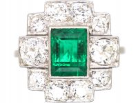 Art Deco Platinum, Emerald & Diamond Geometric Cluster Ring