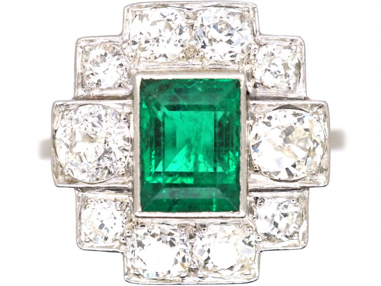 Art Deco Platinum, Emerald & Diamond Geometric Cluster Ring