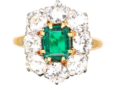 Private: French Import Early 19th Century 18ct Gold, Large Emerald & Diamond Cluster Ring