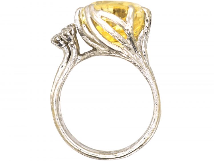 Swedish 18ct White Gold Ring by Bolin set with a Large Yellow Sapphire Ring with Diamond Accents