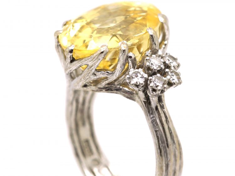 Swedish 18ct White Gold Ring by Bolin set with a Large Yellow Sapphire Ring with Diamond Accents
