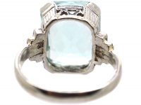 Art Deco 18ct White Gold Ring set with a Large Aquamarine With Baguette Diamond Set Shoulders