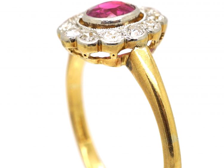 Edwardian 18ct Gold & Platinum, Diamond & Ruby Cluster Ring
