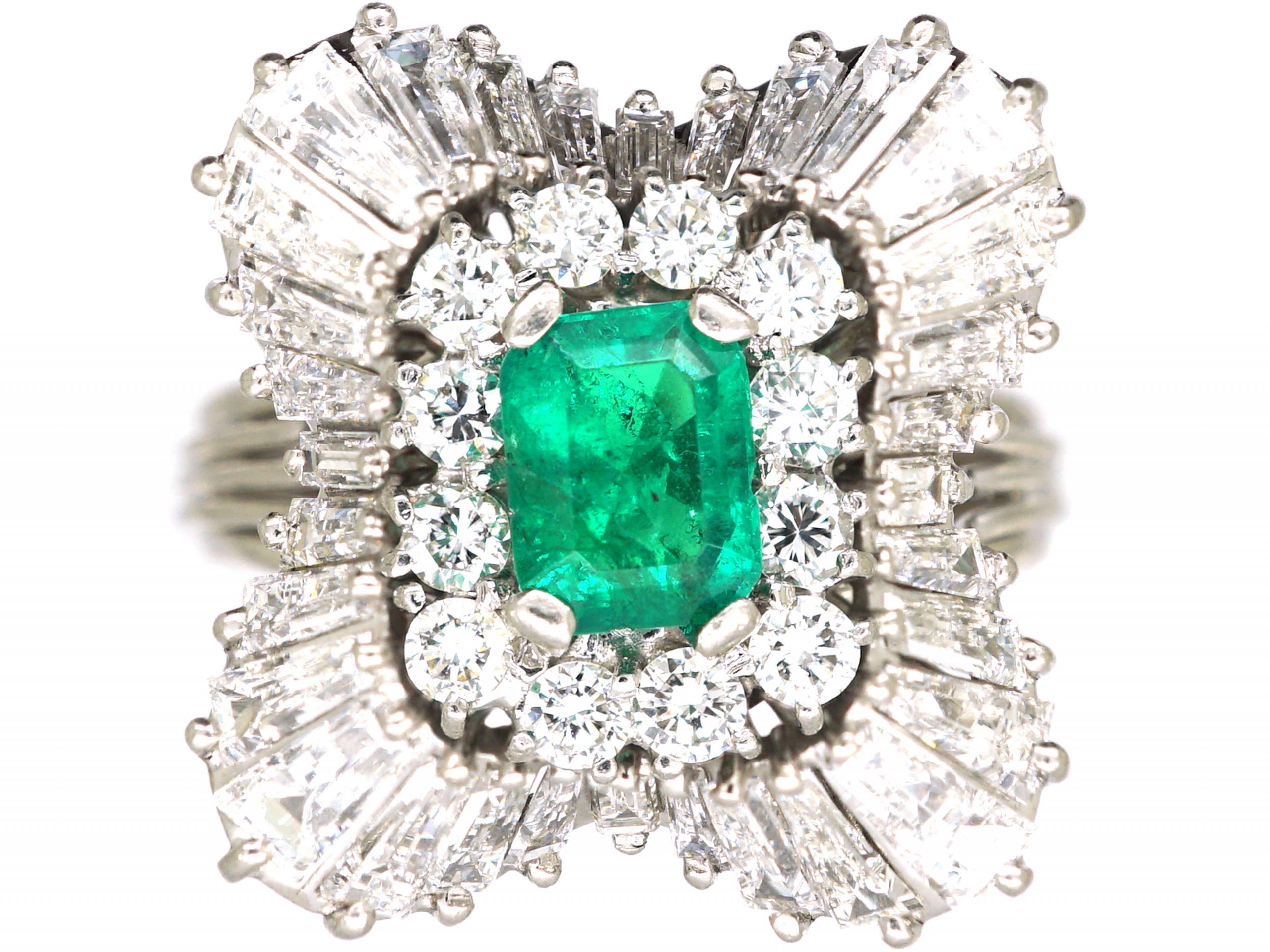 1950's Large Platinum Ballerina Ring set with an Emerald & Diamonds