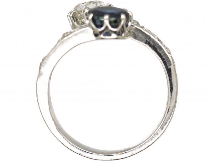 French Early 20th Century 18ct White Gold Crossover Ring set with a Sapphire & Diamonds