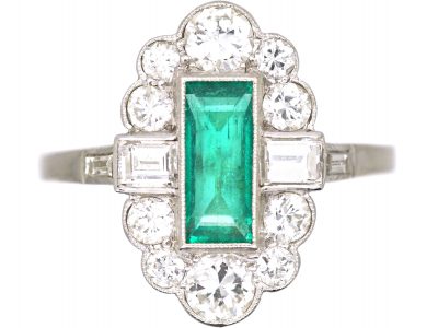 Art Deco Platinum Ring set with a Rectangular Emerald & Baguette & Round Diamonds