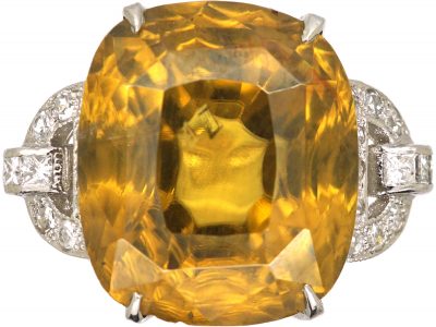 Private: Art Deco Platinum Ring set with a Large Yellow Zircon with Diamond Set Shoulders