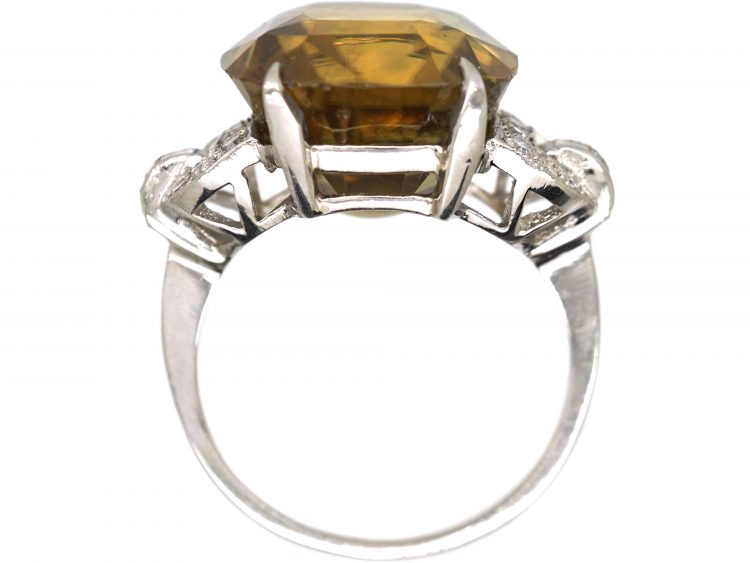 Art Deco Platinum Ring set with a Large Yellow Zircon with Diamond Set Shoulders