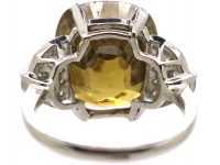 Art Deco Platinum Ring set with a Large Yellow Zircon with Diamond Set Shoulders